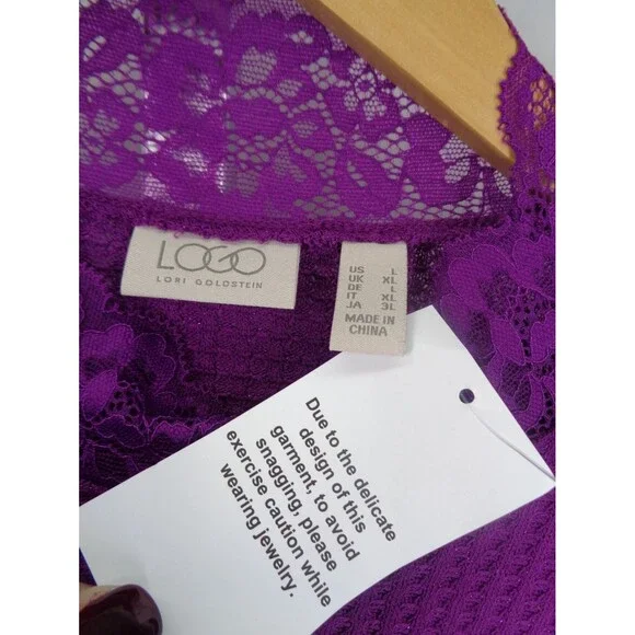 LOGO Lori Goldstein Purple Metallic Waffle Knit Mock Neck Top Lace Sz Large New - Picture 13 of 15